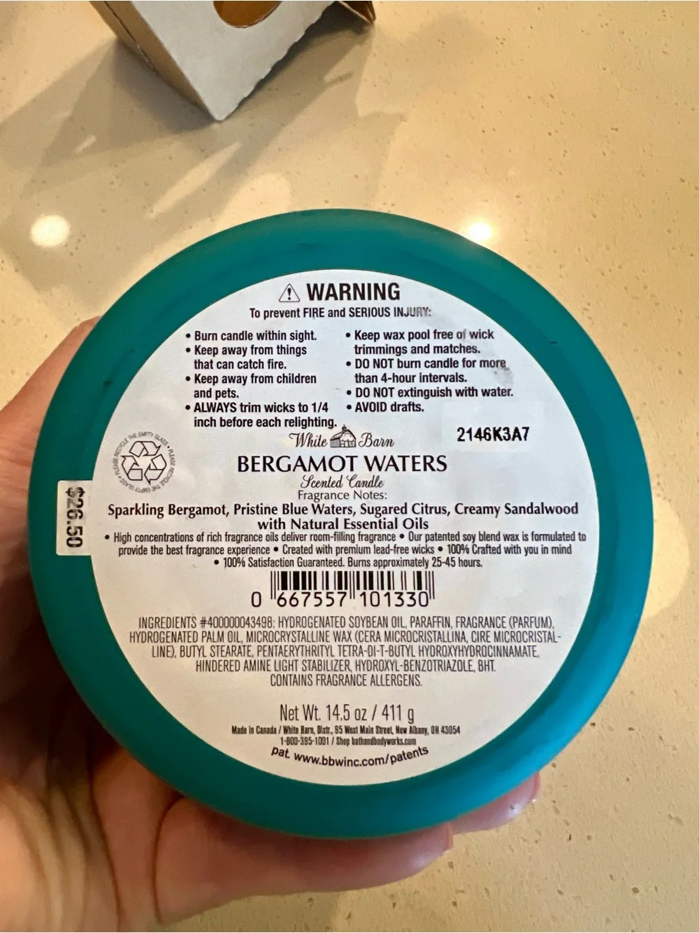White Barn Bergamot Waters Scented Candle - NWT